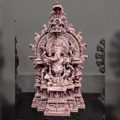 Lord Ganesha with rats, Khanja Work Pink Stone Statue