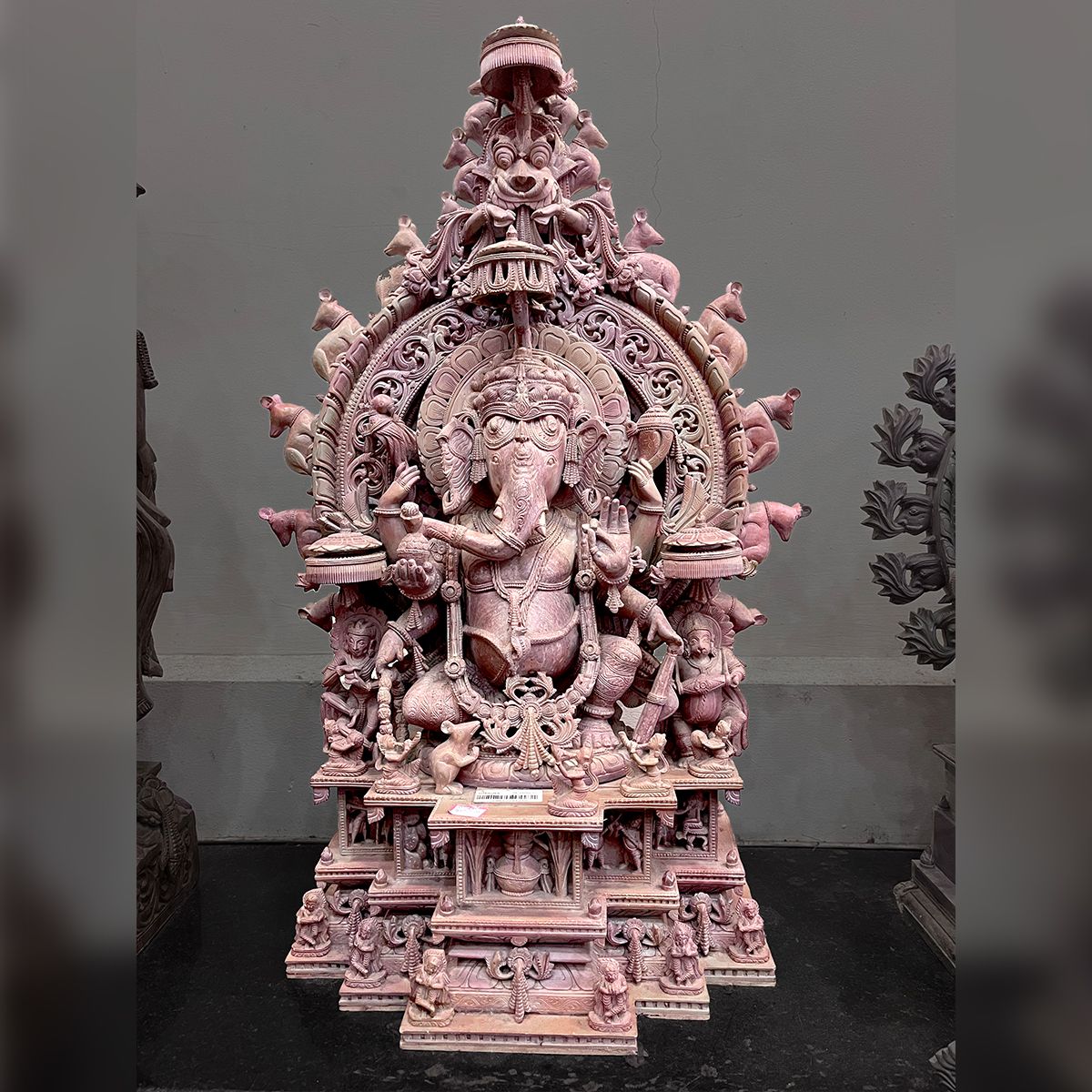 Lord Ganesha with rats, Khanja Work Pink Stone Statue