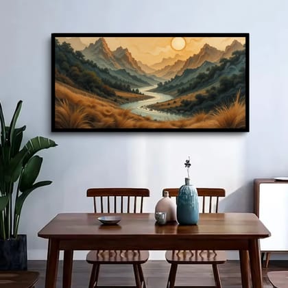 Luminary Golden Sunrise Over Mountains – Nature Landscape Canvas Painting for Decor | Frame Size (127 X 69 Cm) | Frame Type (Black) | 5-Year Warranty