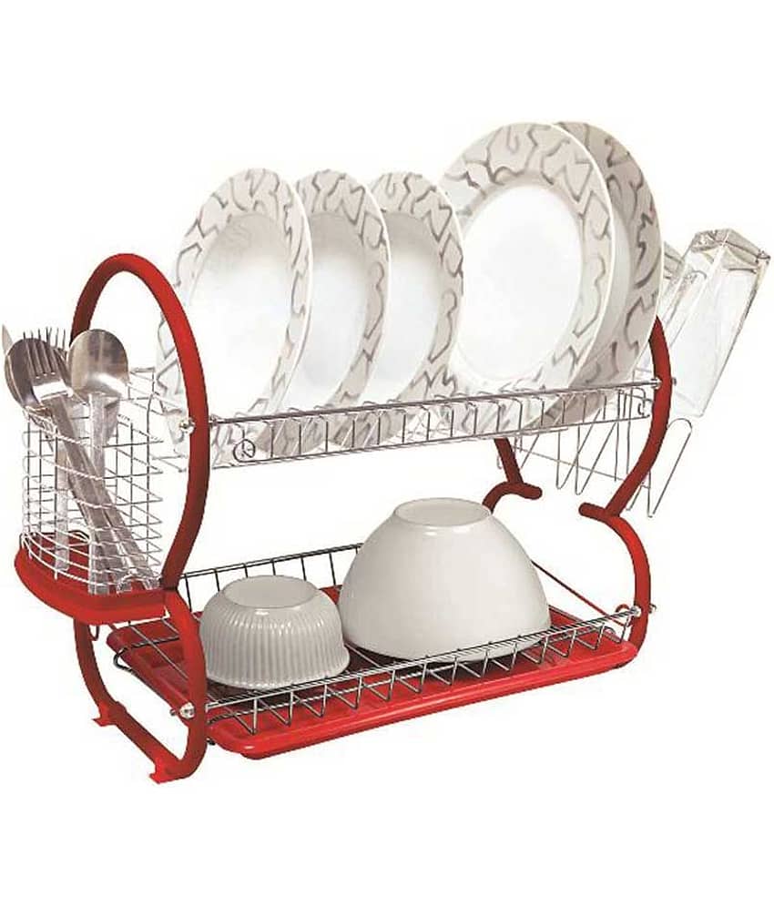 Pindia Stainless Steel Chrome 2 Tier Dish Drainer Rack Utensil Holder Multi Color