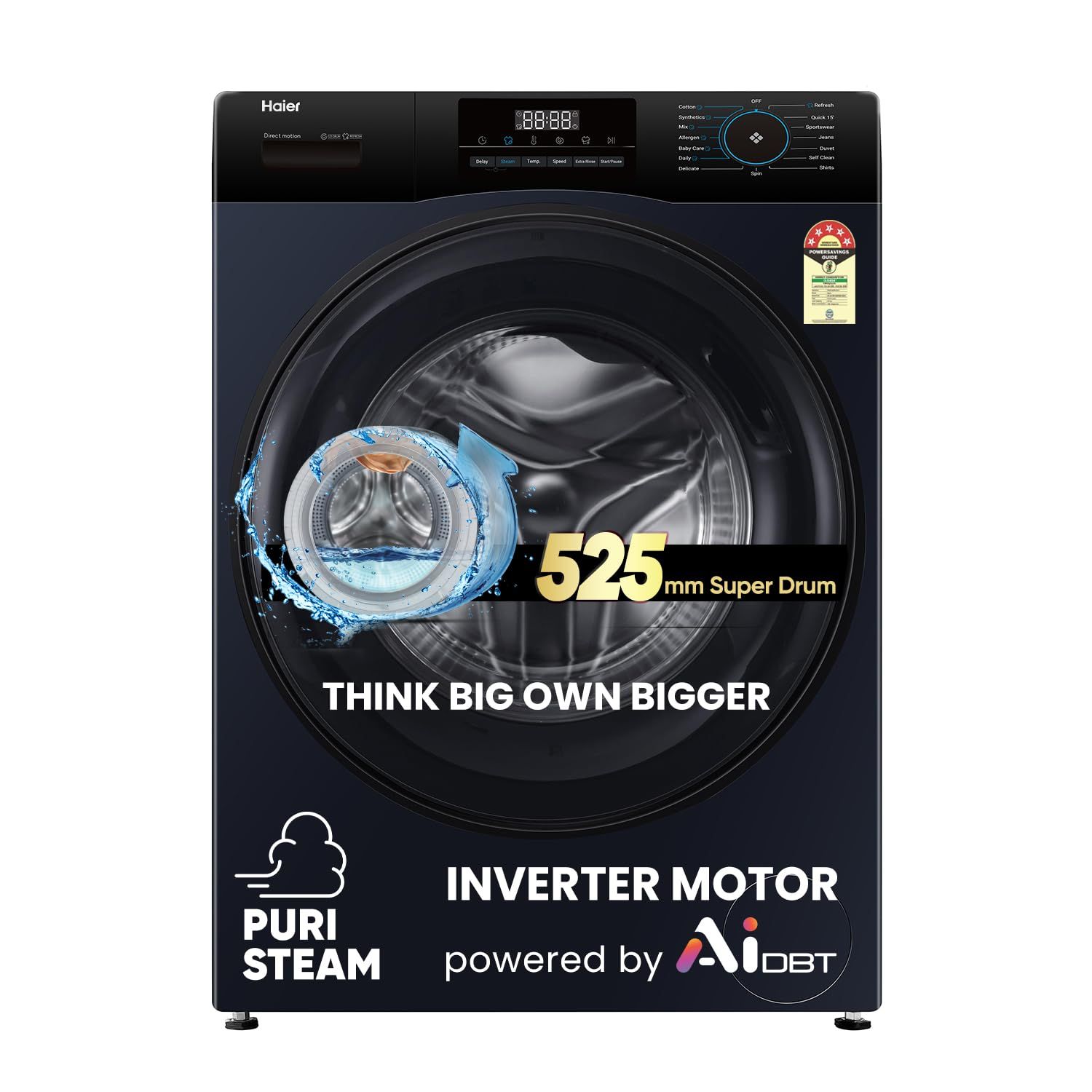 Haier 8Kg, 5 Star, Powered by AI-DBT, Ai Wash, PuriSteam with Inbuilt Heater, 525 mm Super Drum Fully Automatic Front Load Washer (EFL80-IM12IBIEBK | Black) Haier 8Kg, 5 Star, Powered by AI-DBT, Ai Wash, PuriSteam with Inbuilt Heater, 525 mm Super Drum F