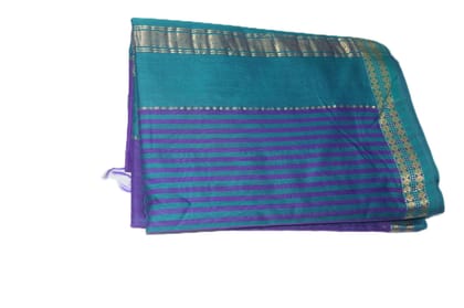 TULIP Cotton Saree with Blouse Piece, Purple and Teal, Striped Pattern, Golden Zari Border, Traditional Indian Ethnic Wear TULIP Cotton Saree with Blouse Piece, Purple and Teal, Striped Pattern, Golden Zari Border, Traditional Indian Ethnic Wear