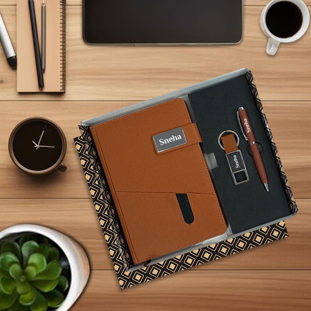 Personalized Gift Set : 3-in-1 PU Jute Finish Diary, Pen & Keychain
