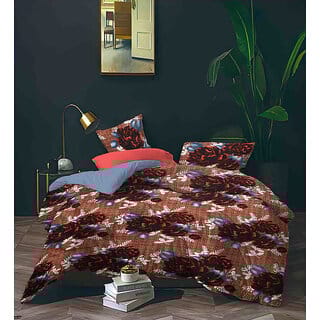 BLACK BEE  Maroon flowers print on brown double bedsheet with 2 Pillow Covers (208 X 213 cm)(BS4-03)