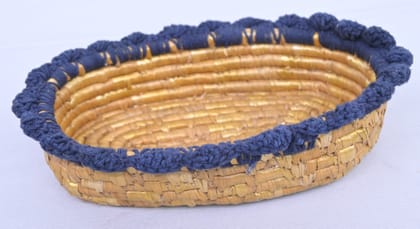 Handwoven Wheatgrass Oval Tray with Crochet Border