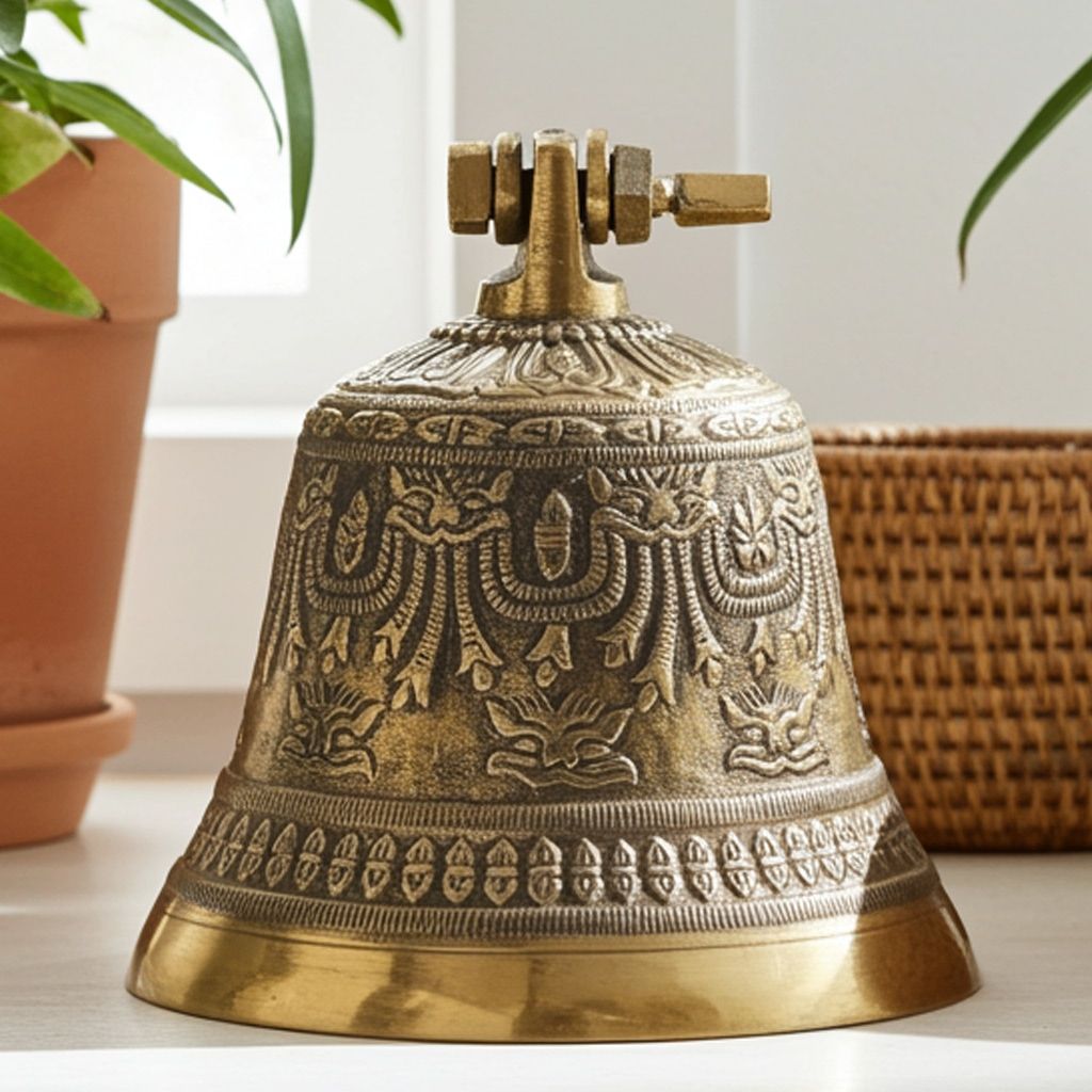 Brass Hanging Temple Pooja Bell, Ghanta Embose, Height : 8.5 Inch (ZMAS221 E)