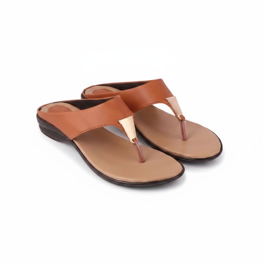 Women's Tan Metallic T-Strap Flat Sandals