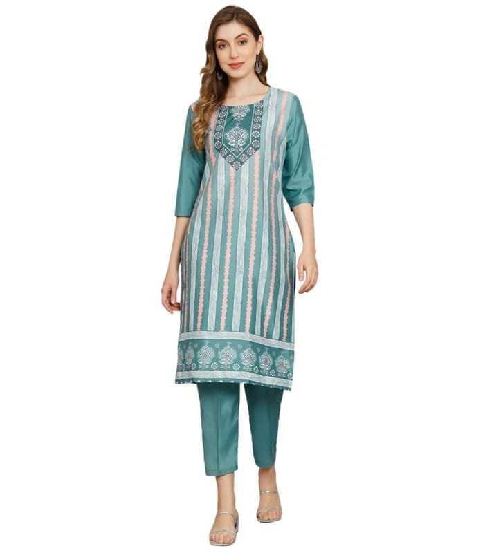 Women's Casual 3/4th Sleeve Printed Crepe Kurti Set (Green, S)-PID46137