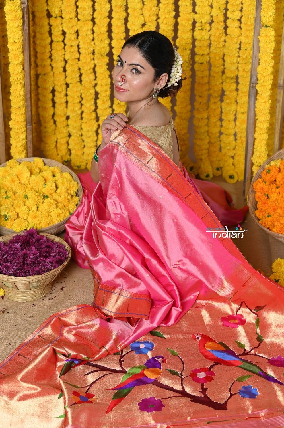 Rajsi~ Handloom Pure Silk Muniya Border Saree WIth Handcrafted Parrot Pallu in Perfect Pastel Pink