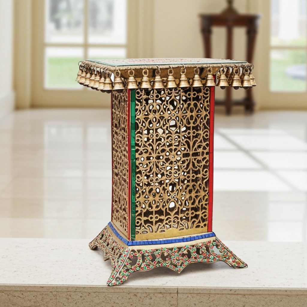 Brass Stool for God Idol with Turquoise Coral Stone Finish - Premium Decorative Stand, Height : 20.8 Inch (BSMAS502 X)