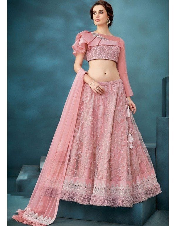 Women's Pink Embroidered Net Lehenga Choli with Dupatta