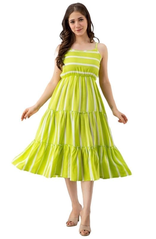 Women's Casual Sleeveless Striped Crape Dresses (Parrot Green, S)-PID46924
