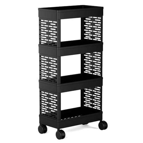 OPTIFINE Metal Black 4-Tier Rolling Storage Cart with Wheels, Portable Utility Organizer Trolley for Kitchen,