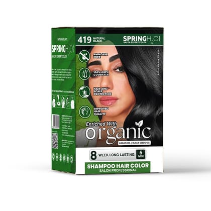 Spring H2O Salon Expert Hair Color Shampoo Natural Black | Ammonia-Free | 100% Grey Coverage | Long-Lasting Shine & Nourishment | Hair Dye Shampoo for Men & Women � Pack of 12 (15ml Each)