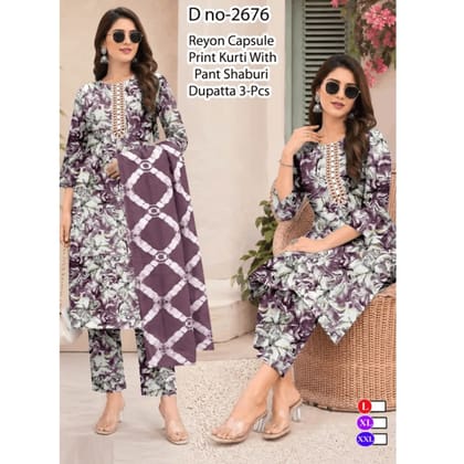 Purple Floral Printed Rayon Kurti Set