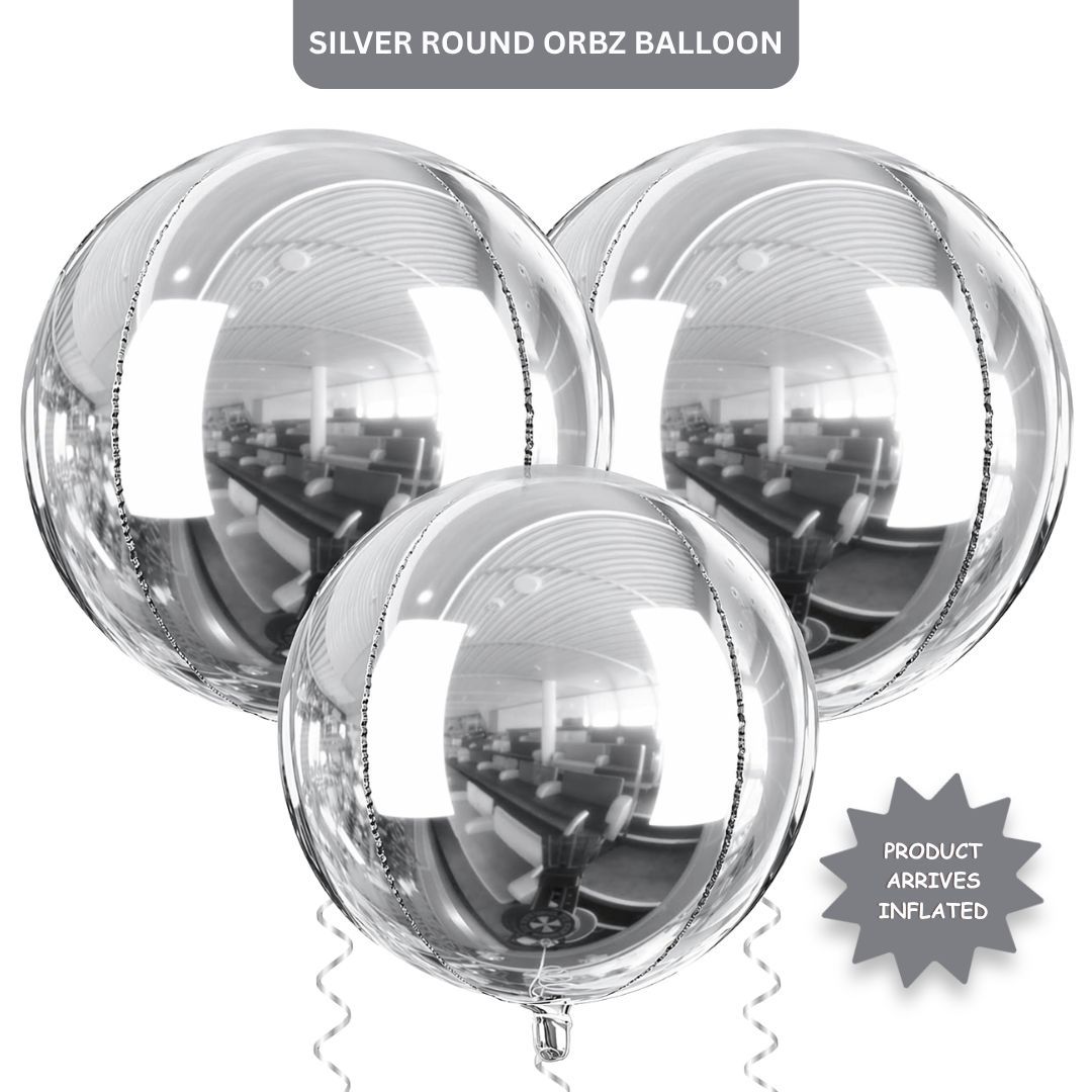 4D Silver Round Orbz Foil Balloons 22 Inch (Pack of 3) | Helium Filled & Delivered Inflated | Giant Balloons for Birthday, Anniversary & Party Decoration