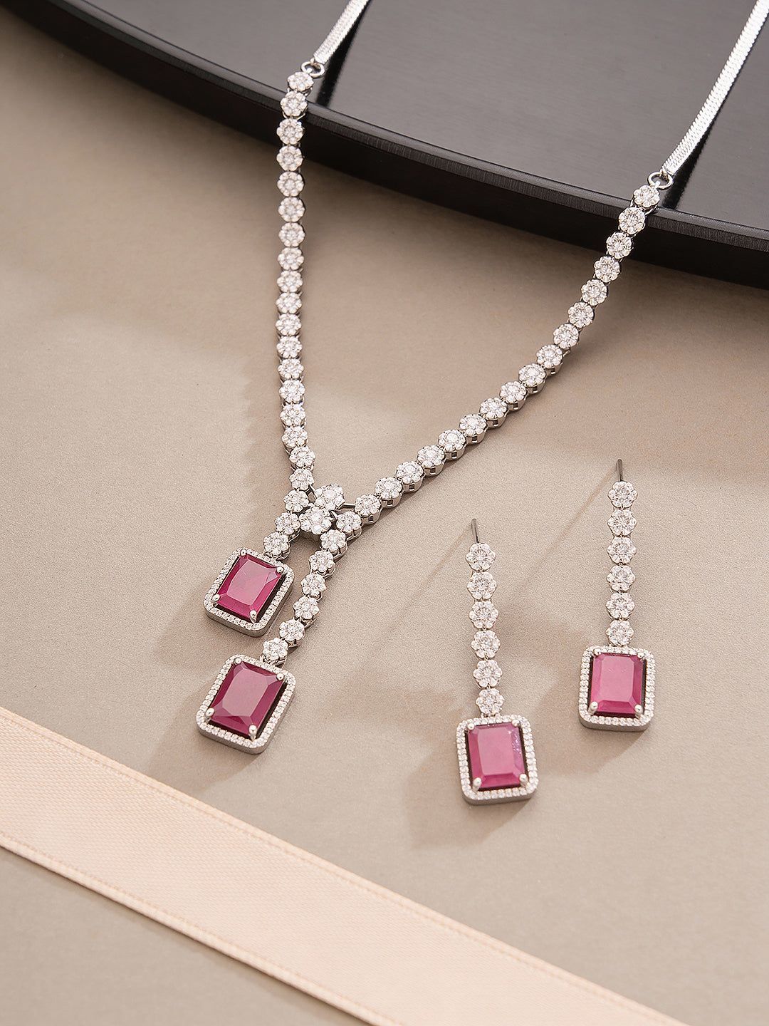 Silver Toned Ruby Red AD Zircon Studded Dangling Cocktail Jewellery Set