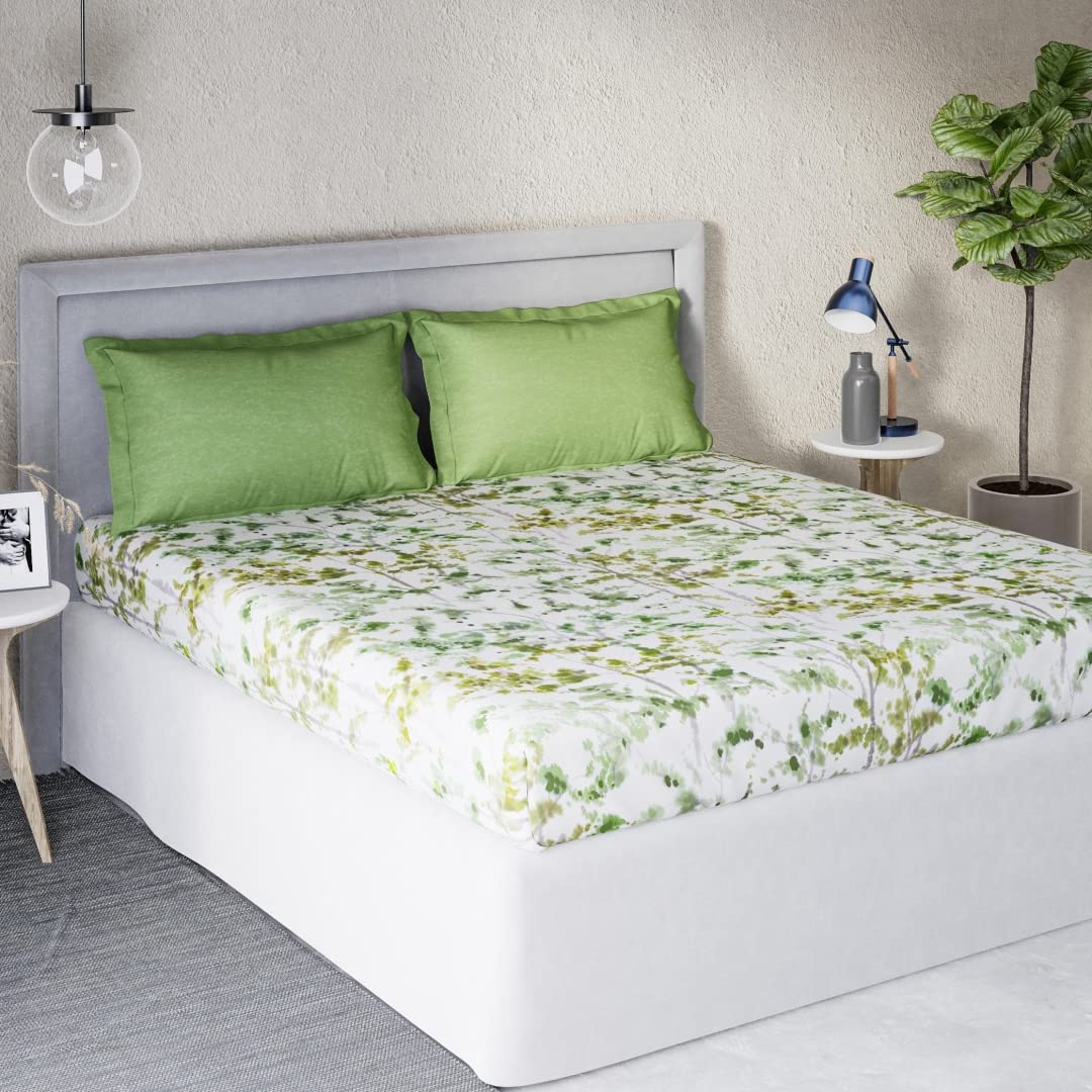 DDECOR - Sigma Collection 100% Cotton Leaves Pattern 136TC Queen Bedsheet |224 CM X 254 CM| with 2 Pillow Covers - Green