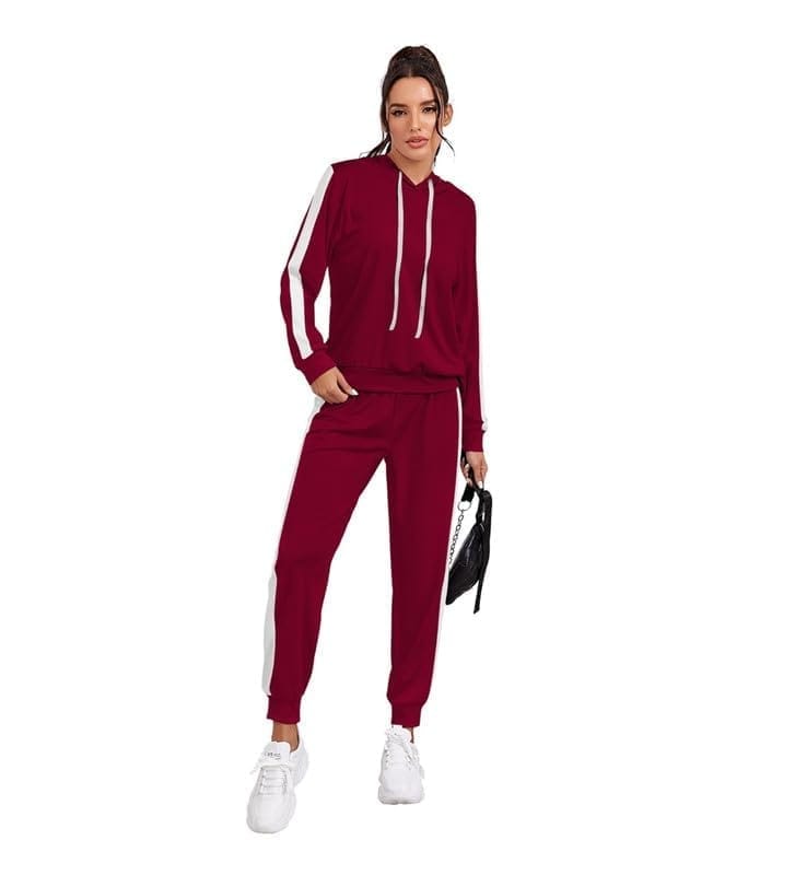 Women's Knitting Stretchable Solid Hooded Neck Full Sleeve Track Suit (Maroon, S)-PID56821