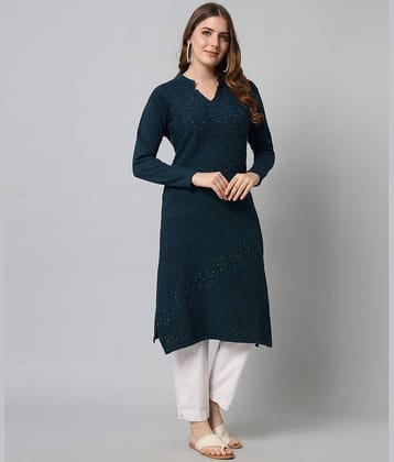 Canblar Women's Woollen Self Design Straight Kurti - ( Dark Green )