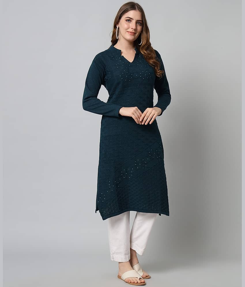 Canblar Women's Woollen Self Design Straight Kurti - ( Dark Green )