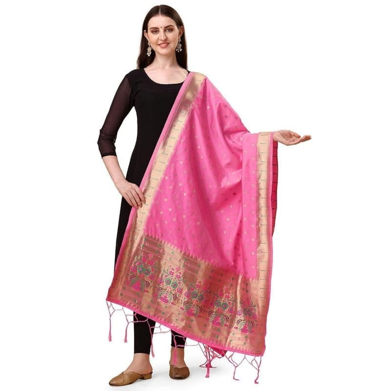 Women's Silk Pure Zari weaving Duppatta (Light Pink, Leangth: 2-2.3 Mtrs)-PID44926