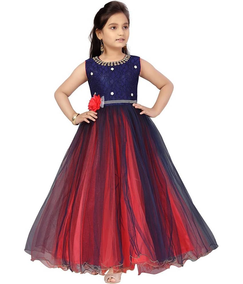 Aarika Polyester Gown For Girls ( Pack of 1 , Red & Blue )