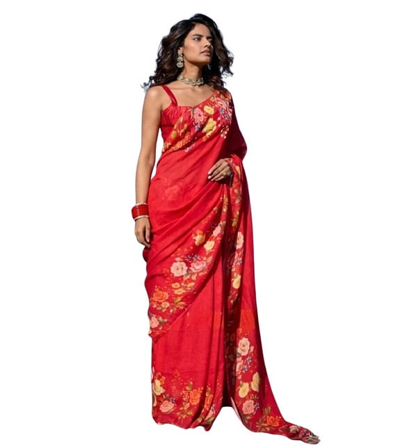 Women's Linen Floral Printed Saree With Unstitched Blouse - 5.5 Mtr (Red)