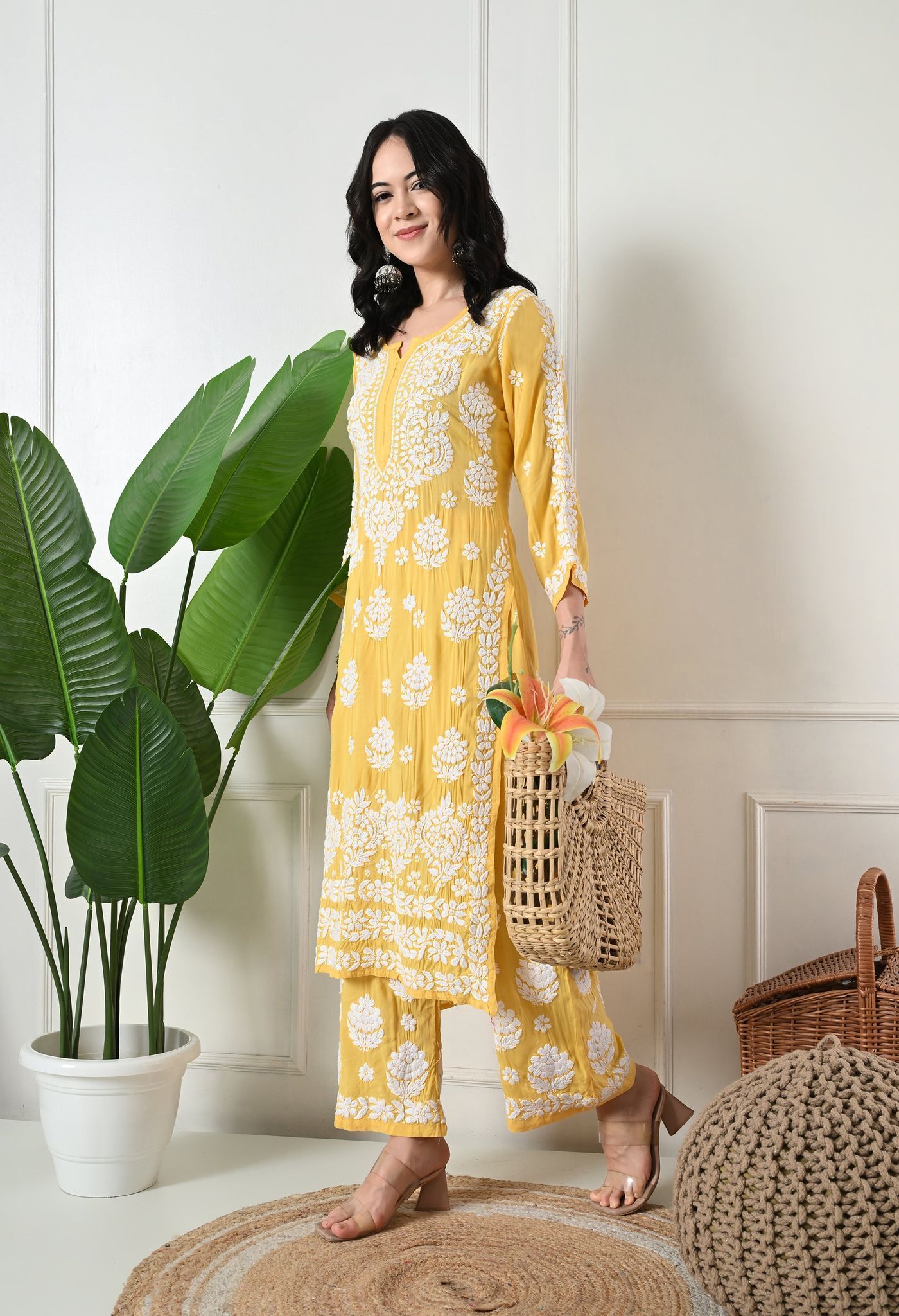 Hand Embroidered Chikankari Modal Plazo Set 3d Work-Yellow
