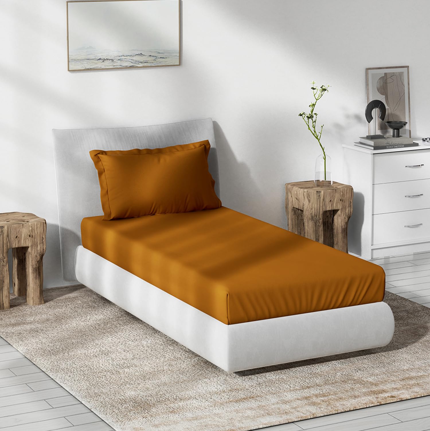 DDECOR - Spectrum Collection 100% Cotton Plain & Texture Pattern 180TC Single Bedsheet|152 CM X 224 CM| - Orange