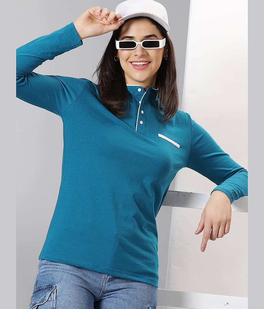 AUSK Women Cotton Blend Solid Regular Fit Mandarin Collar T-Shirt ( Teal )