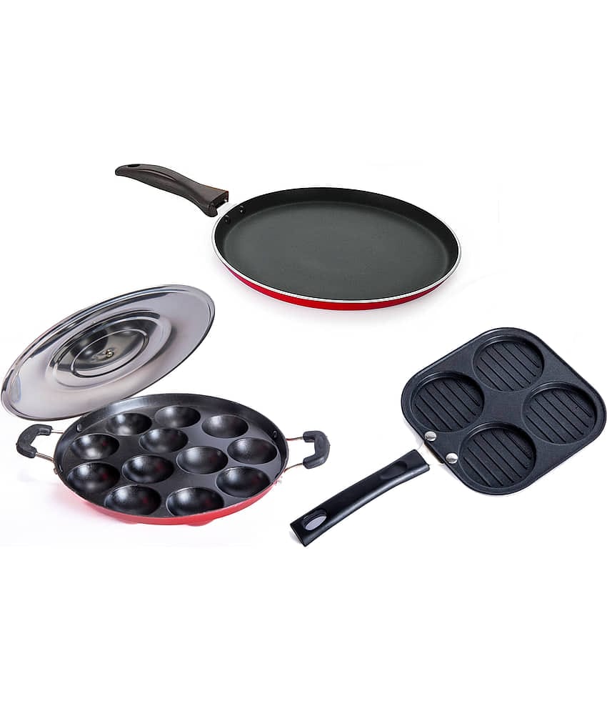 Homepro Non-Stick Set ,Appam Patra with Steel Lid 12 Cavity, Mini Uttapam 4 Cavity, Dosa Tawa 23cm (Pack of 3)