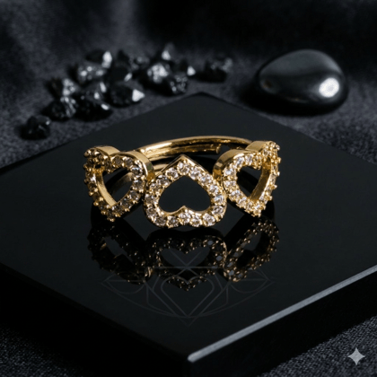 Smitam Jewels Trinity Heart Adjustable Ring Triple Heart Crystal Gold Ring