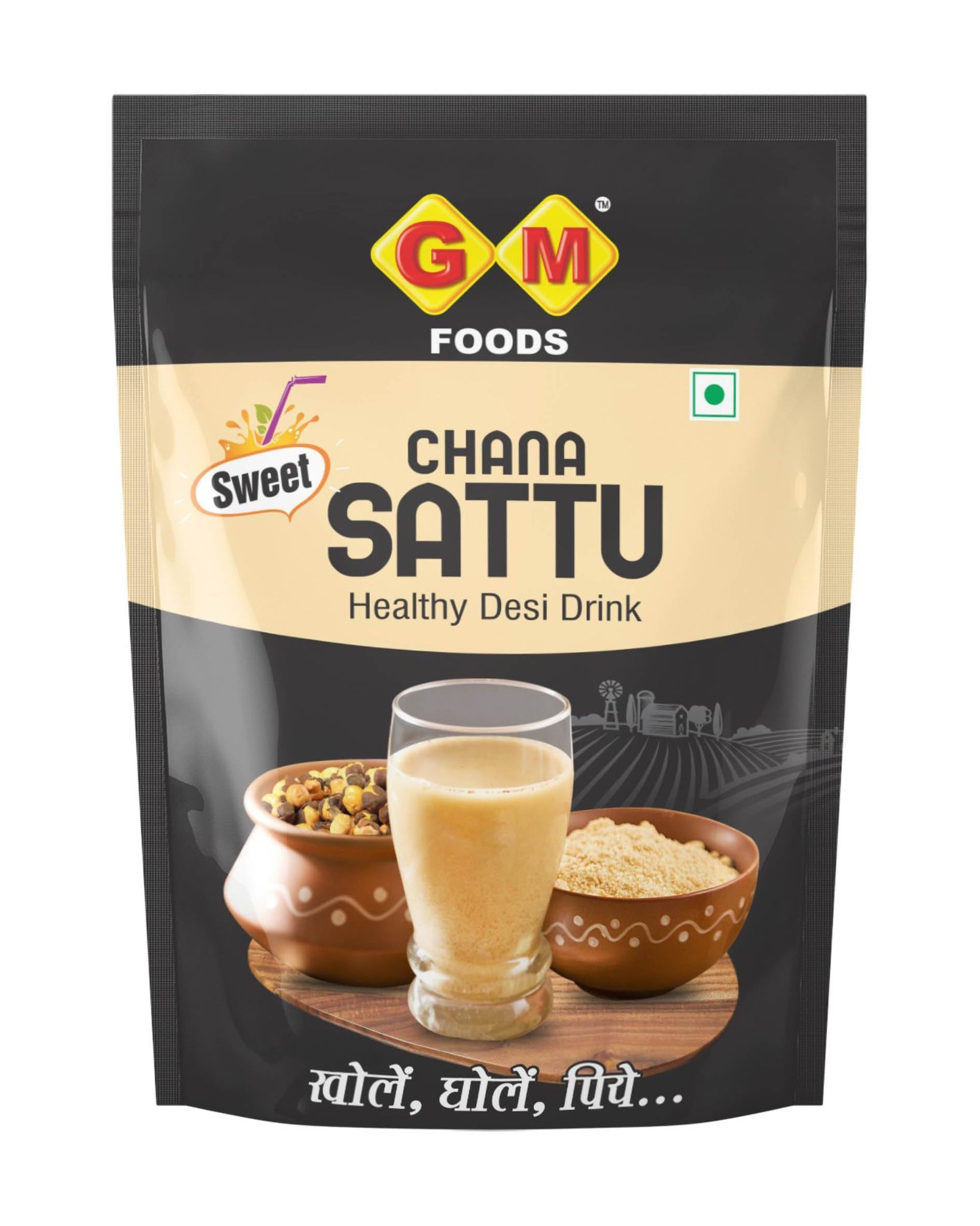 GM Foods Sweet Chana Sattu Flour 200 Gram | High Protein & Fiber | Natural Atta for Drinking & Cooking | Roasted Black Chana Flour | Sattu Powder for Summer