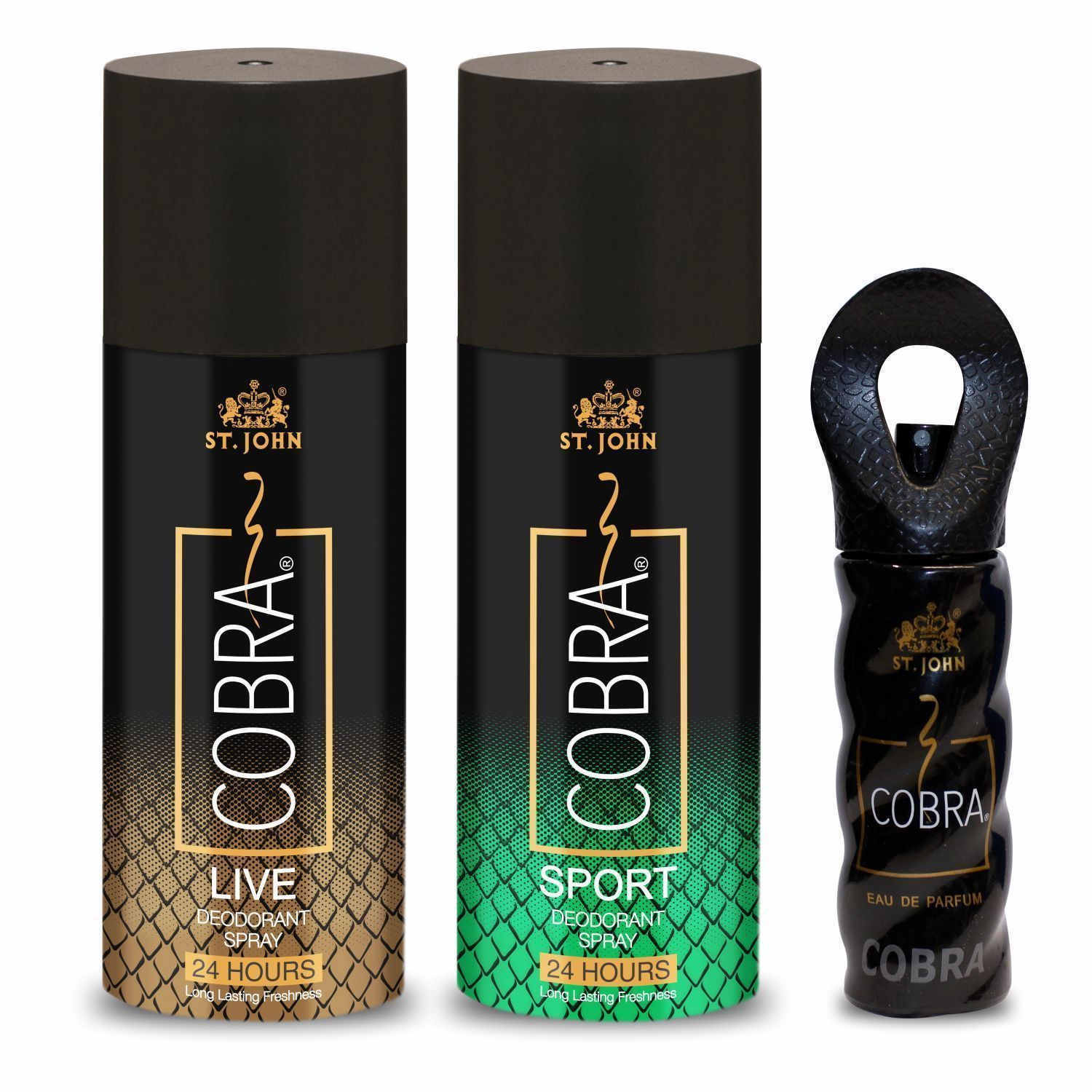 ST.JOHN Cobra Deodorant Live & Sport 150ml each and Cobra Perfume 15ml (Pack of 3)