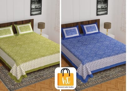 2201-Hometrade India- Standard Double Size (90*100 in )-Combo Jaipuri Double bedsheet With Matching Pillow Cover