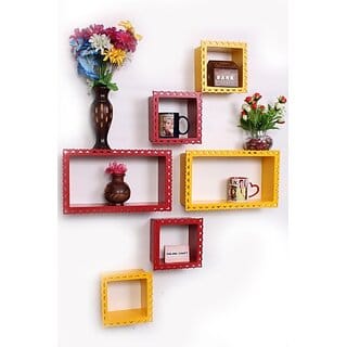 Onlinecrafts Wooden Wall Drawer Wooden Wall Shelf (Number Of Shelves - 6, Red, Yellow)
