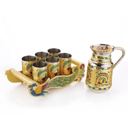 Navrang Golden Minakari Serving 6 Glass Tray with 1.5 Liter Jug Steel Jug Glass Tray Set Lemon Set Tableware Pitcher Set Return Gifts
