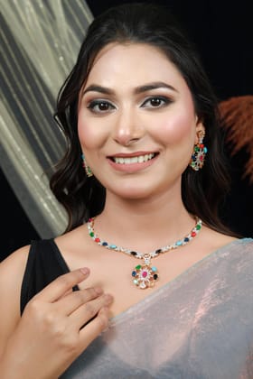SMITAM JEWELS Navratan Raga AD Choker Necklace Set with Earrings