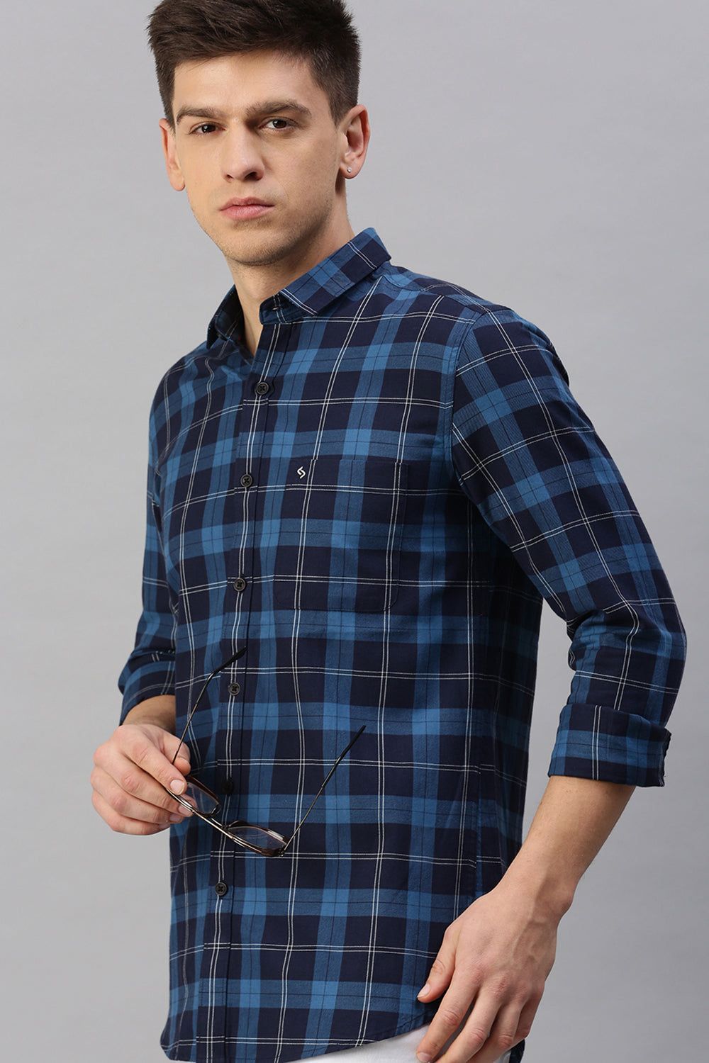 Classic Polo Men's Cotton Half Sleeve Checked Slim Fit Polo Neck Navy Color Woven Shirt | So1-06 A