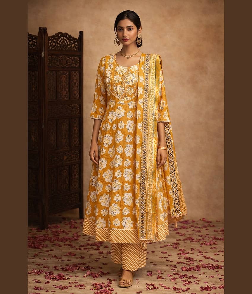 Aarika Women Cotton Printed Flared Kurti With Pants ( Mustard )