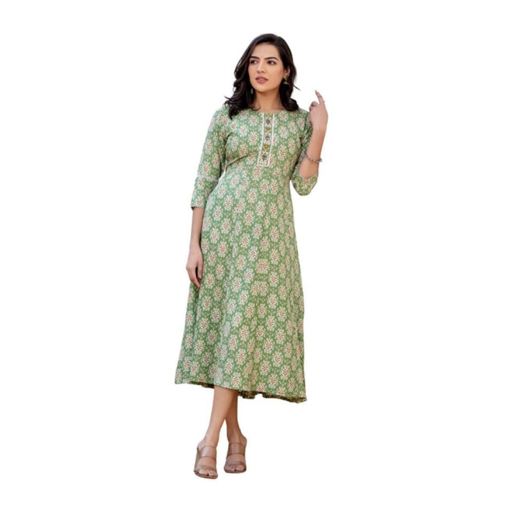 womens rayon print with embroidery work a line kurti green pid63071