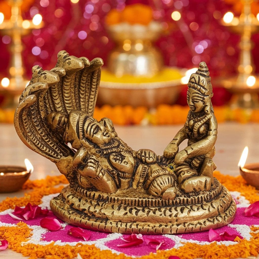 Brass Vishnu Laxmi with Sheshnag Idol - Handcrafted Divine Statue, Height : 3.5 Inch (BSMAS1050 E)