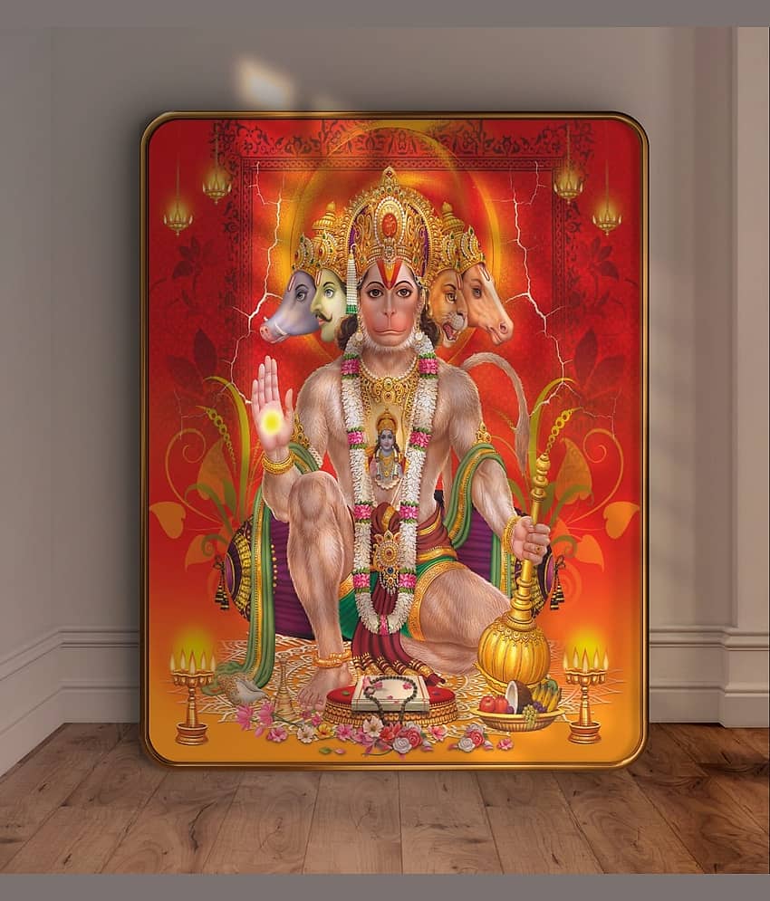 SAF Panchmukhi Hanuman Ji Wall Painting with Golden Frame | Sparkle Laminated Religious Wall Art for Pooja Room & Home Decor | MDF Board Divine Blessings Artwork