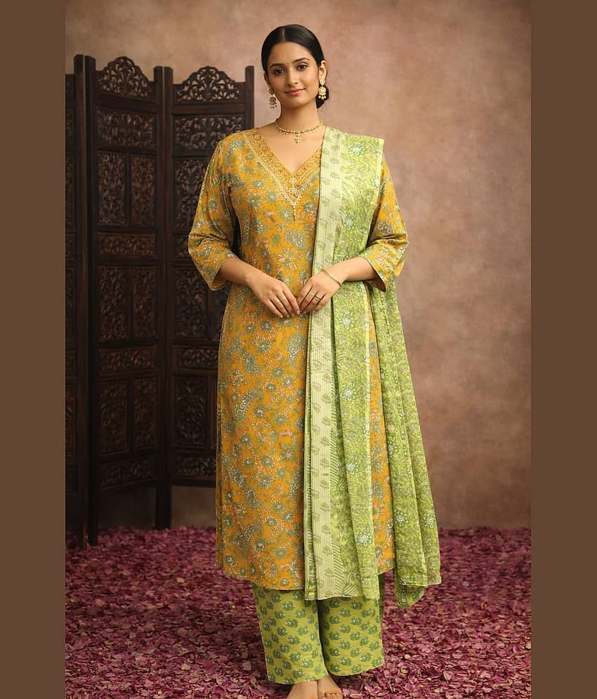Aarika Women Cotton Printed Straight Kurti With Pants ( Mustard )