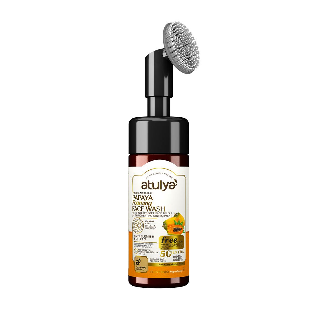 Atulya Papaya Foaming Face Wash with Built-In Silicone Brush | De-tan - 150ml