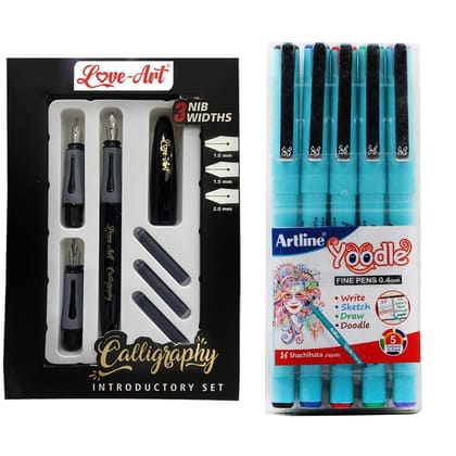 Love-Art Calligraphy Fountain Pen 3 Nibs Set with a Yoodle Pen Pack of 5 | For Calligraphy, Journaling, Writing, Sketching, Doodling and Drawing Love-Art Calligraphy Fountain Pen 3 Nibs Set with a Yoodle Pen Pack of 5 | For Calligraphy, Journaling, Writing, Sketching, Doodling and Drawing