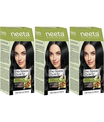 Neeta Professional Pro Fashion Color Kit 1.0 Natural Black 100g Pack of 3, Permanent Hair Color, Creme Hair Colour