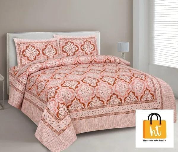 3001-Hometrade India-Standard King Size (90*108 Inches)-Pure Cotton Jaipuri Double Bedsheet With Matching Pillow Cover