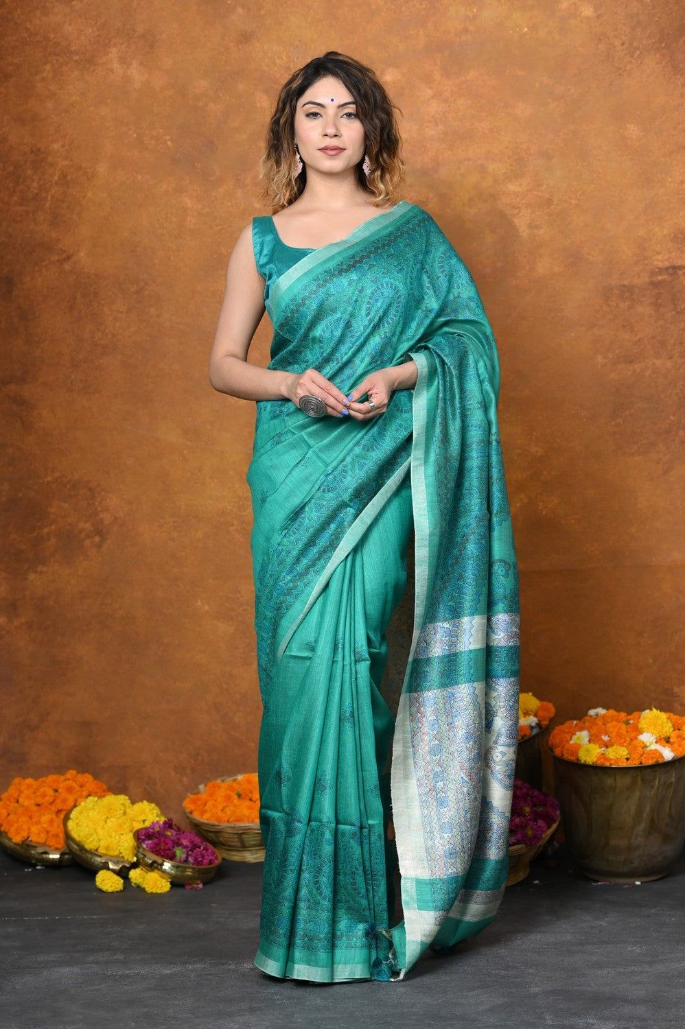 Designed By VMI~ Handloom Pure Tussar Silk Saree With Beautiful Madhubani Print~Quartz Blue